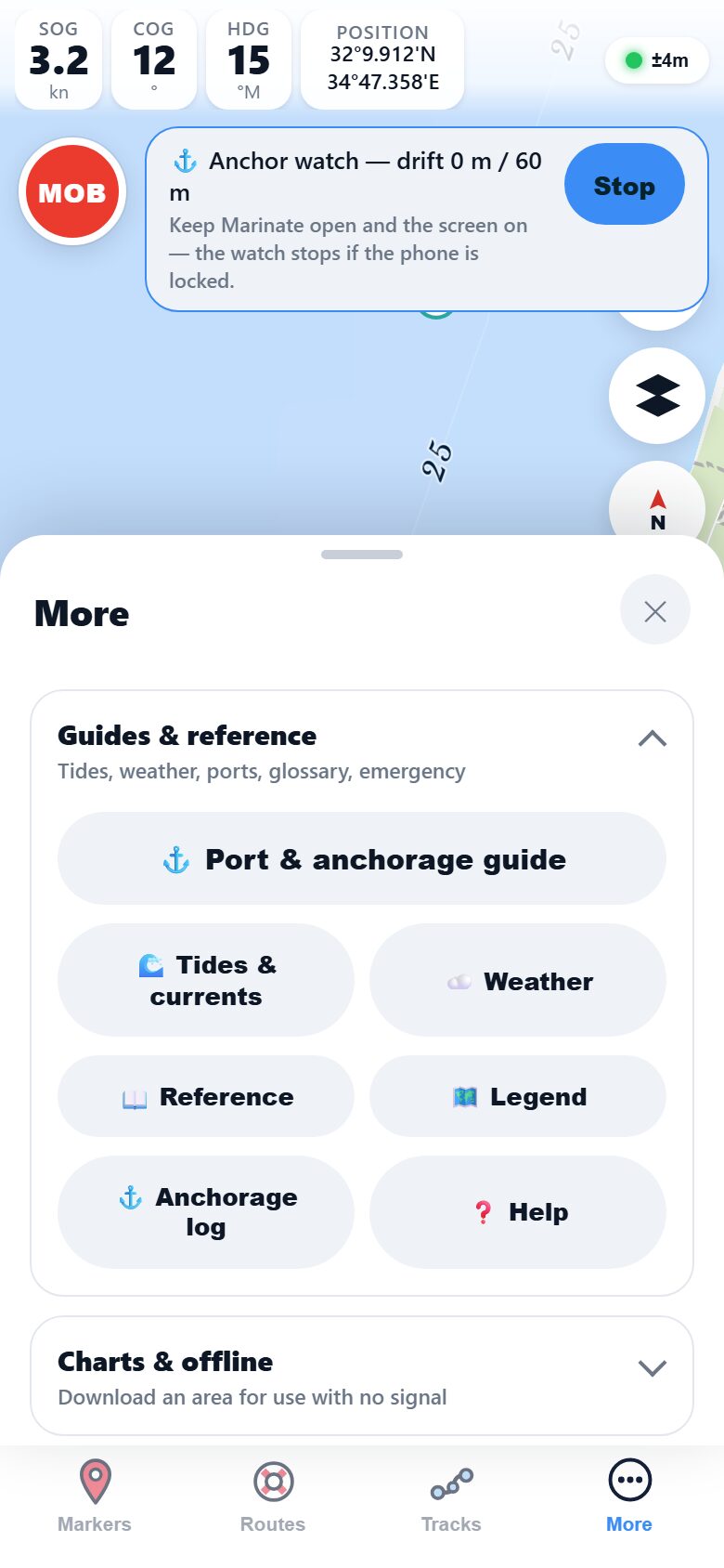 The AIS vessel traffic settings in Marinate's More panel: the aisstream.io API key field, the switch for live vessels and the collision alarm, and the CPA and TCPA alarm limits