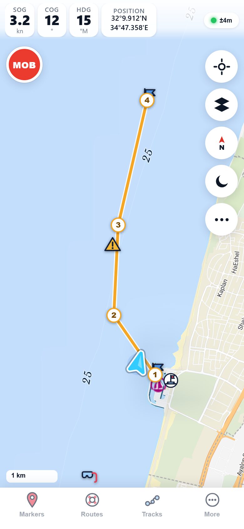 Marinate nautical chart off Haifa with the live instrument strip reading SOG 6.2 knots, COG 12 degrees and the boat marker with its heading line