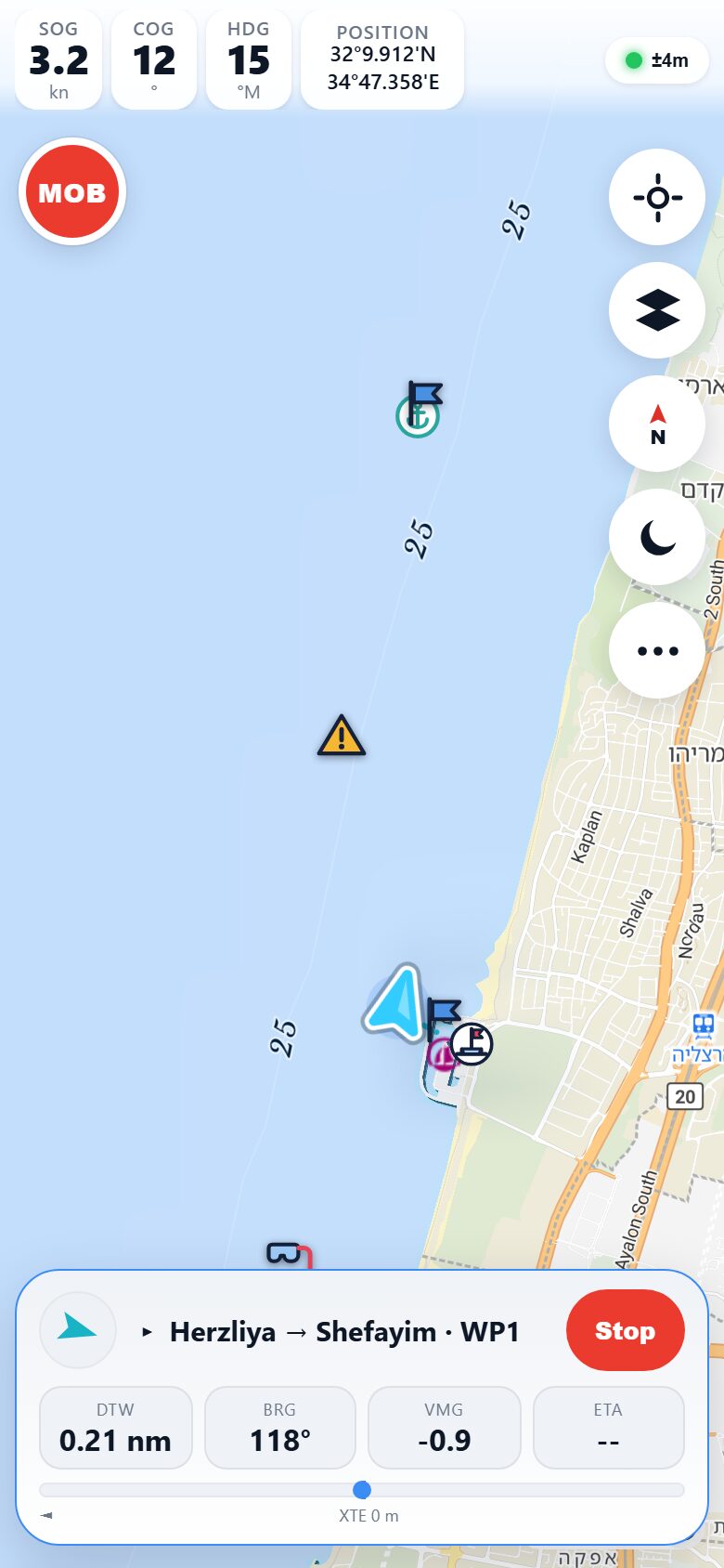 Marinate active Go-To navigation on the Haifa to Akko route, tracking the 008-degree first leg: readouts for DTW 1.61 NM, bearing 8 degrees, VMG 5.8 and ETA 17 minutes, with a cross-track error ribbon reading XTE 19 m to starboard beneath them