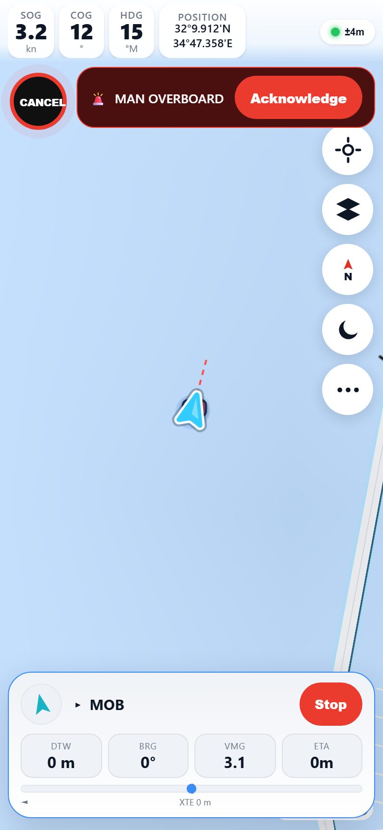 Marinate MOB screen mid-return: the boat 0.18 nautical miles from the man-overboard mark, with the return line drawn across the water and bearing, distance and ETA in the navigation panel
