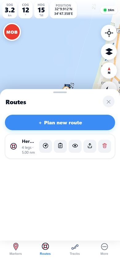 Marinate route planning: a multi-leg route plotted across the chart with waypoints and leg distances