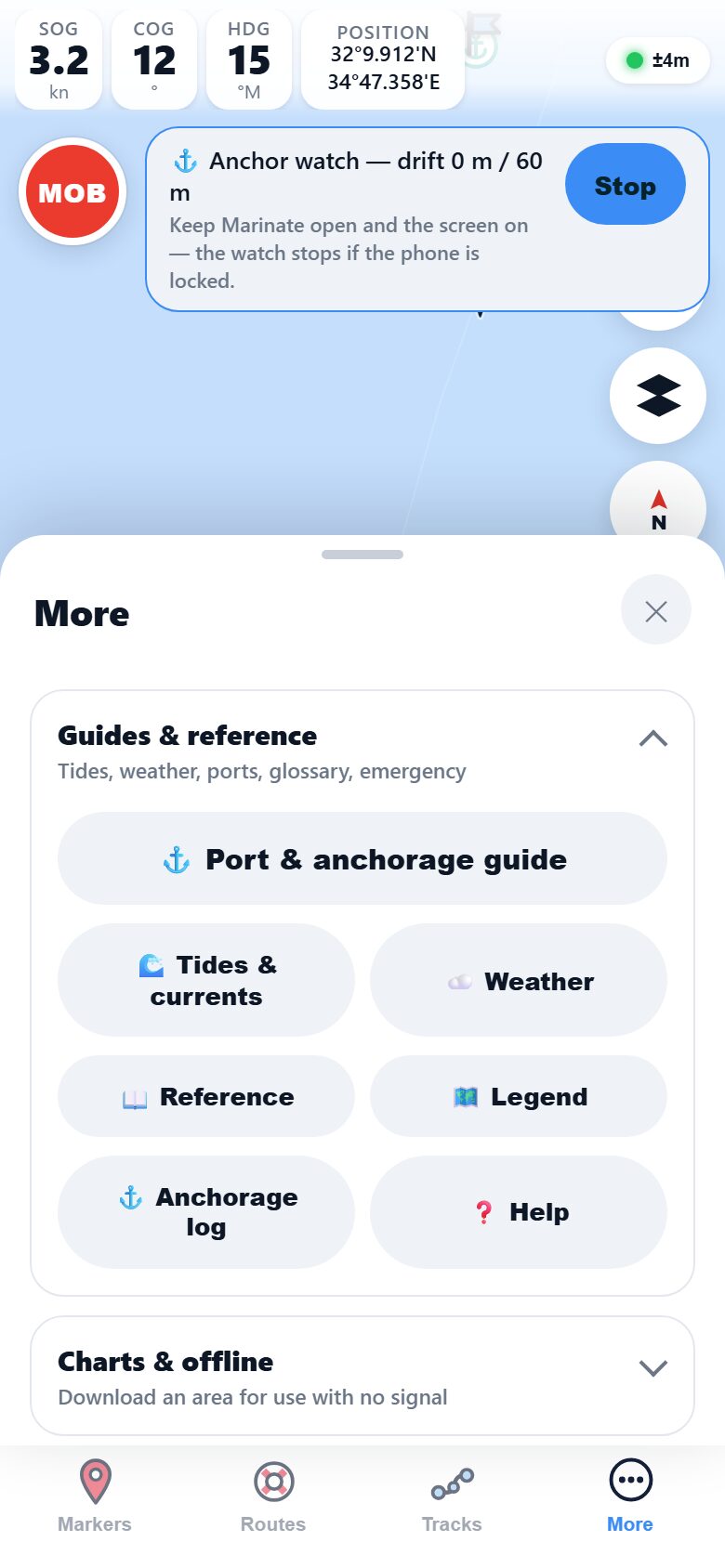 The Boat instruments settings in Marinate's More panel: the SignalK server address field, the connect-to-instruments switch, and the shallow-water alarm depth